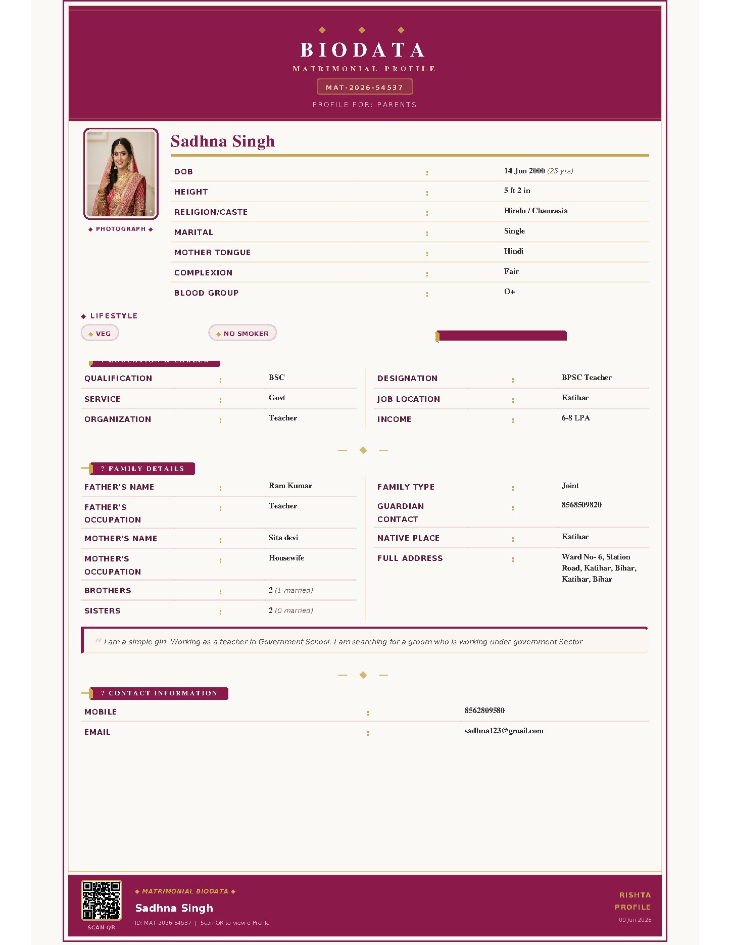Sample of Modern Biodata With QR Code - Created On Rishta Profile